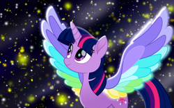 Size: 1280x800 | Tagged: safe, artist:katya, artist:pink1ejack, edit, twilight sparkle, twilight sparkle (alicorn), alicorn, pony, rainbow roadtrip, colored wings, cropped, female, horn, mare, multicolored wings, night, rainbow wings, sky, solo, spread wings, stars, vector, wing bling, wings
