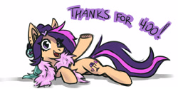 Size: 4000x2000 | Tagged: safe, artist:amy-gamy, oc, oc:amethyst arkin, earth pony, pony, looking at you, milestone, on side, solo, text