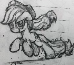 Size: 1213x1056 | Tagged: safe, artist:yorozpony, derpibooru import, applejack, earth pony, pony, female, hat, mare, monochrome, running, simple background, solo, traditional art