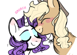 Size: 500x359 | Tagged: safe, artist:scenebunny, artist:scenesonic, derpibooru import, applejack, rarity, earth pony, pony, unicorn, alternate design, blush sticker, blushing, bust, coat markings, cute, daaaaaaaaaaaw, ethereal mane, eyebrows visible through hair, eyes closed, female, jackabetes, kissing, lesbian, mare, onomatopoeia, raribetes, rarijack, request, shipping, sidemouth, simple background, smiling, starry mane, white background