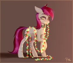 Size: 2517x2160 | Tagged: safe, artist:roole, roseluck, earth pony, pony, collar, cute, female, garland, looking at you, mare, mouth hold, pet collar, pet tag, pony pet, rosepet, simple background, solo