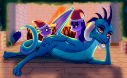 Size: 2064x1280 | Tagged: safe, artist:aterhut, princess ember, spike, twilight sparkle, dragon, pony, christmas, fireplace, hat, holiday, looking at you, santa hat, sultry pose