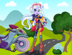 Size: 793x598 | Tagged: safe, artist:user15432, sugarcoat, human, equestria girls, friendship games, boots, clothes, dressup game, elbow pads, goggles, helmet, knee pads, motorcross, motorcross outfit, motorcycle, motorcycle helmet, motorcycle outfit, ponied up, shoes, sporty style, starsue