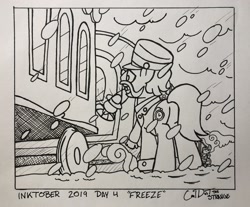 Size: 2048x1694 | Tagged: safe, artist:coaldustthestrange, all aboard, steamer, earth pony, pony, conductor, conductor hat, inktober, inktober 2019, lantern, snow, traditional art, train