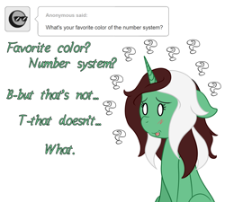 Size: 1280x1150 | Tagged: safe, artist:phoenixswift, oc, oc:peppermint pattie (unicorn), pony, unicorn, ask peppermint pattie, female, mare, question mark, solo