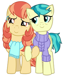 Size: 811x985 | Tagged: safe, artist:sketchmcreations, aunt holiday, auntie lofty, earth pony, pegasus, pony, the last crusade, clothes, couple, female, holding hooves, scarf, simple background, smiling, sweater, transparent background, vector