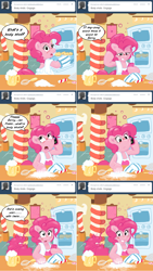 Size: 1002x1772 | Tagged: safe, artist:pippy, pinkie pie, pony, apron, cellphone, cider mug, clothes, comic, drunk, drunkie pie, food, muffin, mug, oven, phone, pinkiepieskitchen, solo