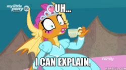 Size: 600x337 | Tagged: safe, edit, edited screencap, screencap, smolder, uprooted, clothes, cup, cute, dress, i can explain, impact font, jewelry, lipstick, meme, prehibernation week, princess smolder, smolderbetes, spongebob squarepants, teacup, tiara, uhh i can explain