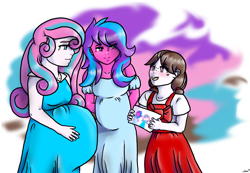 Size: 1300x900 | Tagged: safe, artist:icefeather24, princess flurry heart, oc, oc:malinae, oc:melody aurora, better together, equestria girls, adult, birth mark, cousins, drawing, female, freckles, multiple pregnancy, offspring, older, older flurry heart, painting, parent:applejack, parent:flash sentry, parent:oc:niku, parent:twilight sparkle, parents:canon x oc, parents:flashlight, pregnant, pregnant equestria girls, teenager, trio, trio female