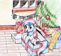 Size: 2660x2425 | Tagged: safe, artist:40kponyguy, oc, oc only, oc:britannia (uk ponycon), earth pony, pony, box, christmas, christmas card, christmas tree, ear fluff, holiday, looking at you, pony in a box, present, solo, traditional art, tree, uk ponycon, wooden floor