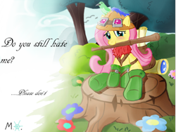 Size: 1024x768 | Tagged: safe, artist:randomflakey, fluttershy, pegasus, pony, boots, crossover, female, flower, hat, league of legends, scroll, shoes, sitting, solo, teemo, tree, tree stump