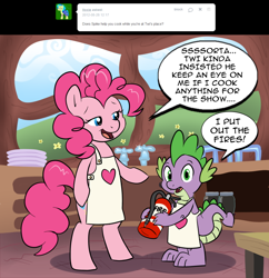 Size: 1156x1196 | Tagged: safe, artist:pippy, pinkie pie, spike, dragon, earth pony, pony, apron, bipedal, clothes, duo, female, fire extinguisher, looking at you, male, mare, pinkiepieskitchen, speech bubble