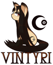 Size: 608x740 | Tagged: safe, artist:vintyri, oc, oc only, oc:sylvine, pony, unicorn, 8-ball, badge, bronycon, eyeshadow, gradient hooves, long hair, long mane, long tail, looking at you, makeup, moon, signature, simple background, solo, transparent background