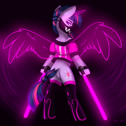 Size: 2300x2300 | Tagged: safe, artist:villjulie, twilight sparkle, twilight sparkle (alicorn), alicorn, pony, bipedal, clothes, face mask, female, k/da, mare, socks, solo, standing