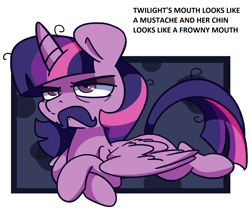 Size: 1497x1271 | Tagged: safe, artist:lou, edit, edited edit, twilight sparkle, twilight sparkle (alicorn), alicorn, pony, :c, >:c, angry, cute, edit of an edit of an edit, facial hair, frown, grumpy, grumpy twilight, madorable, moustache, solo, text