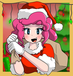 Size: 1000x1034 | Tagged: safe, artist:genericmlp, pinkie pie, human, christmas, clothes, costume, female, hat, holiday, humanized, santa costume, santa hat, santa sack, solo