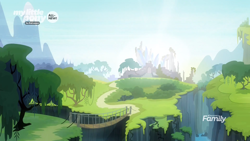 Size: 1920x1080 | Tagged: safe, screencap, uprooted, bridge, castle, castle of the royal pony sisters, no pony, ravine, rope bridge, tree, treehouse of harmony