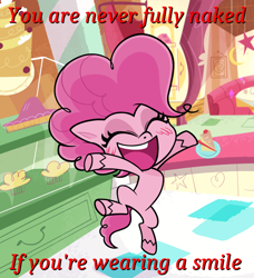 Size: 1200x1318 | Tagged: safe, edit, edited screencap, screencap, pinkie pie, earth pony, pony, my little pony: pony life, caption, cheering, cropped, cute, diapinkes, excited, eyes closed, female, happy, hooves up, jumping, open mouth, ponk, smiling, solo, teeth, text, we don't normally wear clothes