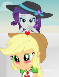 Size: 800x1040 | Tagged: safe, edit, edited screencap, screencap, applejack, rarity, better together, equestria girls, lost and found, rollercoaster of friendship, blushing, female, heart, lesbian, rarijack, shipping, shipping domino