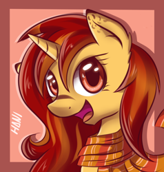 Size: 2000x2100 | Tagged: safe, artist:crayoneslapiz, oc, oc:spark, pony, unicorn, bust, clothes, female, high res, mare, portrait, scarf, solo