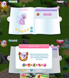 Size: 1280x1440 | Tagged: safe, lilac links, earth pony, pony, advertisement, background pony, bio, game screencap, gameloft, gem