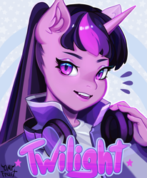 Size: 1689x2048 | Tagged: safe, artist:onifruit, twilight sparkle, unicorn twilight, anthro, unicorn, clothes, female, headphones, looking at you, solo, ych result