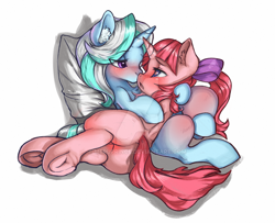 Size: 1024x831 | Tagged: safe, artist:theprince, oc, pony, unicorn, blushing, butt, deviantart watermark, female, frog (hoof), obtrusive watermark, pillow, plot, shipping, underhoof, watermark