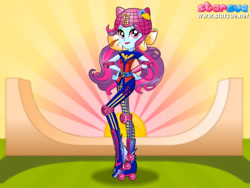 Size: 800x600 | Tagged: safe, artist:user15432, sunny flare, human, equestria girls, friendship games, bow, clothes, dressup game, elbow pads, hair bow, helmet, knee pads, ponied up, roller derby, roller skates, rollerblades, skates, sporty style, starsue