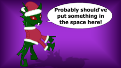 Size: 1920x1080 | Tagged: safe, artist:hybrid-changling, oc, oc only, oc:hybrid changeling, changeling, changeling oc, christmas, christmas changeling, clothes, costume, fangs, gradient background, green changeling, hat, holiday, rearing, red eyes, santa costume, santa hat, solo, speech