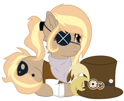 Size: 1431x1169 | Tagged: safe, artist:dinkydoolove, artist:rukemon, oc, oc only, oc:debonair, earth pony, pony, bandana, base used, clothes, commission, eyepatch, female, hat, heart eyes, lying down, mare, ponytail, shirt, simple background, solo, top hat, transparent background, vest, wingding eyes