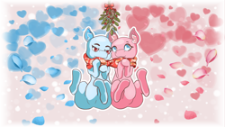 Size: 1280x720 | Tagged: safe, artist:mythos art, oc, oc only, advertisement, chibi, clothes, commission, duo, love, mistleholly, scarf, shared clothing, shared scarf, sitting, wip, your character here