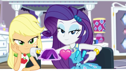 Size: 1280x720 | Tagged: safe, screencap, applejack, rarity, better together, camping must-haves, equestria girls, bed, bedroom eyes, looking at you, rarity's bedroom, shipping fuel, tent