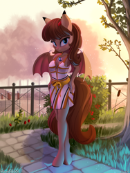 Size: 1500x2000 | Tagged: safe, artist:discordthege, artist:lunebat, oc, oc only, oc:lunette, anthro, bat pony, unguligrade anthro, collaboration, anthro oc, bat pony oc, clothes, cute, dress, female, looking at you, mare, nail polish, park, solo