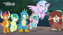 Size: 1920x1080 | Tagged: safe, screencap, gallus, ocellus, sandbar, silverstream, smolder, yona, changedling, changeling, classical hippogriff, dragon, earth pony, griffon, hippogriff, pony, yak, uprooted, bow, cloven hooves, colored hooves, dragoness, female, hair bow, jewelry, male, monkey swings, necklace, reaction image, student six, teenager