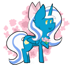 Size: 621x554 | Tagged: safe, artist:royalswirls, oc, oc:fleurbelle, alicorn, earth pony, pony, abstract background, alicorn oc, bouquet, bow, female, flower, hair bow, mare, solo