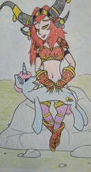 Size: 256x480 | Tagged: safe, artist:edwinn, oc, oc:lightning dust, human, unicorn, alexstrasza, belly button, belly rubbing, midriff, rub, traditional art