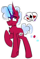 Size: 468x682 | Tagged: safe, artist:hunterthewastelander, oc, oc only, oc:card trick, pony, unicorn, card, glowing horn, horn, magic, magical lesbian spawn, male, offspring, parent:pinkie pie, parent:trixie, parents:trixiepie, raised hoof, reference sheet, solo, stallion, telekinesis, unicorn oc