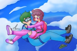 Size: 1280x852 | Tagged: safe, artist:alyrise, oc, oc only, oc:software patch, oc:windcatcher, human, bridal carry, carrying, clothes, cloud, couple, falling, female, goggles, humanized, humanized oc, jumpsuit, male, parachute, skydiving, straight, windpatch