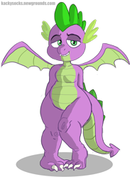 Size: 4600x6270 | Tagged: safe, artist:kackysocks, spike, dragon, bedroom eyes, claws, colored, curvy, hands behind back, male, plump, simple background, transparent background, winged spike, wings