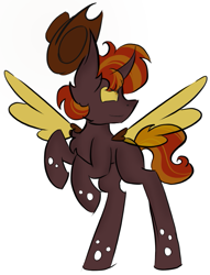 Size: 555x727 | Tagged: safe, artist:hunterthewastelander, oc, oc only, changeling queen, pony, changeling queen oc, hat, interspecies offspring, looking back, magical lesbian spawn, offspring, orange changeling, parent:applejack, parent:queen chrysalis, parents:chrysajack, rearing, simple background, solo, spread wings, white background, wings