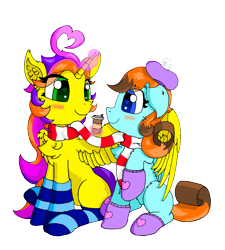 Size: 1080x1200 | Tagged: safe, artist:fireworks sea, oc, oc only, oc:fireworks snow, oc:star orchid, alicorn, pegasus, pony, 2020 community collab, alicorn oc, clothes, derpibooru community collaboration, female, heart eyes, looking at each other, scarf, shared clothing, shared scarf, simple background, socks, striped socks, transparent background, wingding eyes