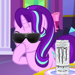 Size: 600x600 | Tagged: safe, edit, edited screencap, screencap, pony, unicorn, no second prances, boomer, boop, glimmerposting, meme, monster energy, raised eyebrow, self-boop, smiling, smirk, solo, sunglasses