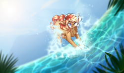 Size: 3327x1975 | Tagged: safe, artist:honeybbear, oc, oc:sunrise story, earth pony, pony, female, mare, solo, sun, water