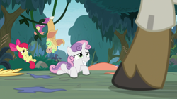 Size: 1920x1080 | Tagged: safe, screencap, apple bloom, sweetie belle, pony, the last crusade, caught, clothes, costume, everfree forest, fake smile, female, hooves, male, on back, sheepish grin, vine