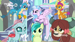 Size: 1920x1080 | Tagged: safe, screencap, gallus, ocellus, sandbar, silverstream, smolder, yona, changedling, changeling, classical hippogriff, dragon, earth pony, griffon, hippogriff, pony, yak, uprooted, bow, dragoness, female, flying, hair bow, male, monkey swings, smiling, student six, treehouse of harmony