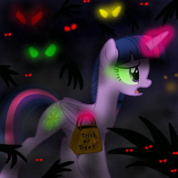 Size: 1000x1000 | Tagged: safe, artist:decprincess, edit, twilight sparkle, twilight sparkle (alicorn), alicorn, pony, evil, fog, glowing eyes, halloween, hands behind back, holiday, leaves, nightmare night, scared, shadows, trick or treat, vector