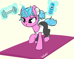 Size: 3484x2740 | Tagged: safe, artist:wenni, oc, oc only, oc:rainbow unicorn flavor bang energy drink, pony, unicorn, bang energy drink, clothes, determined, dumbbell (object), energy drink, exercise, female, headphones, magic, mare, pants, rainbow unicorn, simple background, solo, tanktop, yoga mat, yoga pants