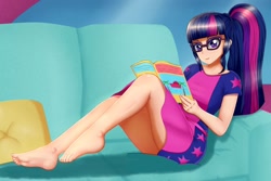 Size: 1280x853 | Tagged: safe, artist:focusb, sci-twi, twilight sparkle, better together, equestria girls, spring breakdown, adorkable, barefoot, beautiful, clothes, cute, dork, dress, feet, glasses, legs, luxe deluxe, lying down, magazine, ponytail, schrödinger's pantsu, sexy, sofa, solo, thighs, throw pillow