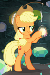 Size: 548x820 | Tagged: safe, screencap, applejack, earth pony, pony, dragon dropped, applejack is not amused, bipedal, cropped, female, holding, lantern, mare, solo, stick, unamused