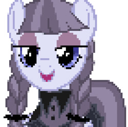 Size: 750x748 | Tagged: safe, artist:undeadponysoldier, inky rose, pegasus, pony, clothes, dress, eyeliner, female, goth, gothic eyeliner, lidded eyes, looking at you, makeup, mare, open mouth, pigtails, pixel art, pixelated, simple background, solo, white background